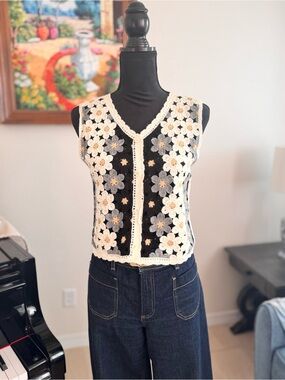 Cream and Gray Crochet Floral Vest - Women Tops